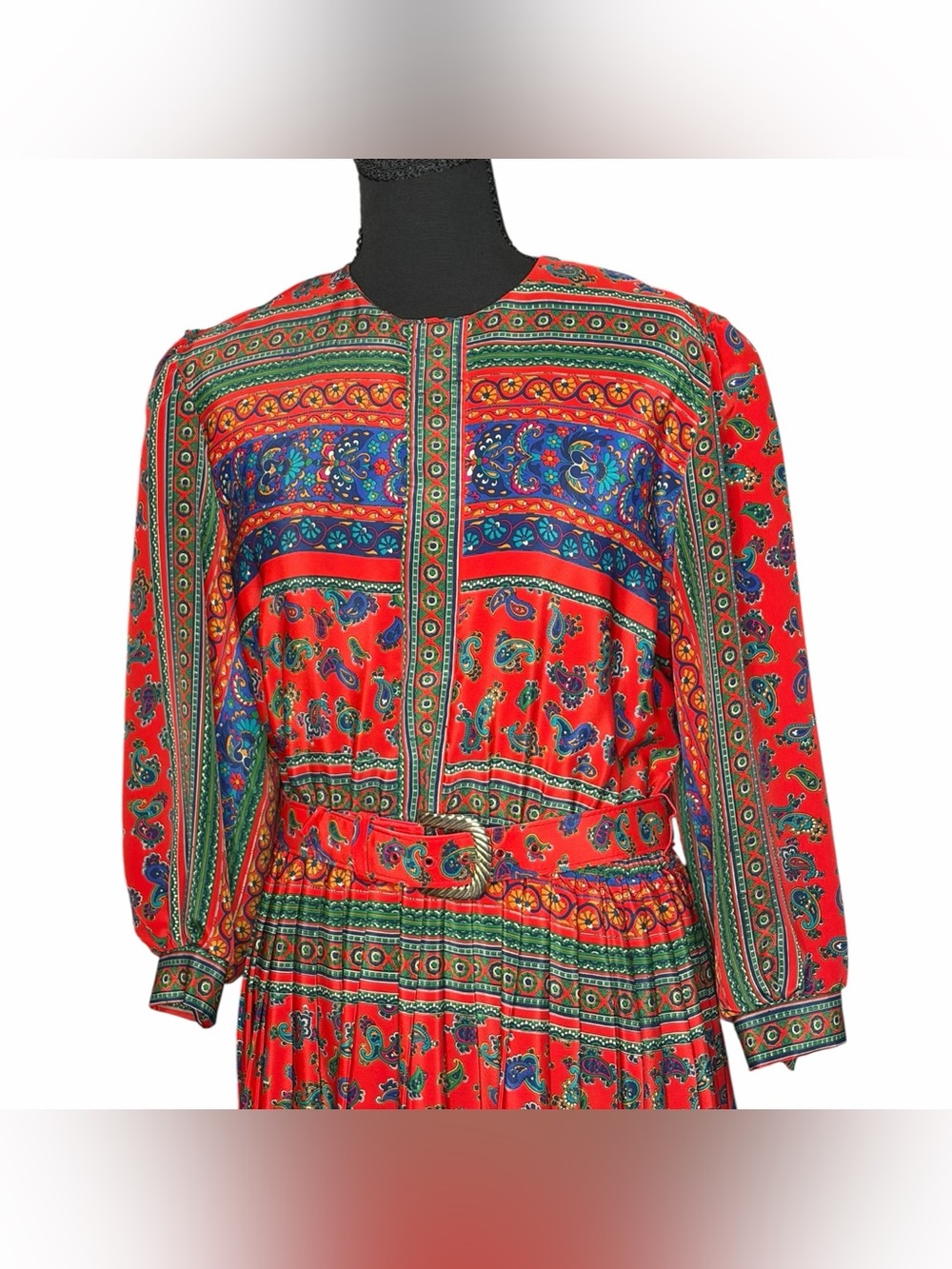Lady Carol Petites 80s Vtg Red Paisley Pleated Midi Secretary Belted Dress Sz 10